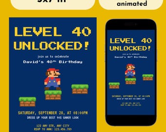 40th Birthday Invitation for Men | Retro Mario 8-Bit Evite | 90s Party Invitation | Printable + Animated Mobile Template