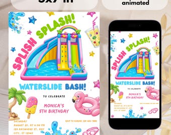 Sjabloon waterglijbaan verjaardagsuitnodiging | Uitnodiging Splash Into Five Pool | Verjaardag zomermeisje