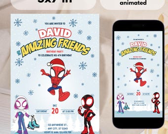 Winterverjaardagsuitnodiging voor Spidey en zijn geweldige vrienden | Bewerkbare superheldenavond | Afdrukbare en geanimeerde canvassjabloon