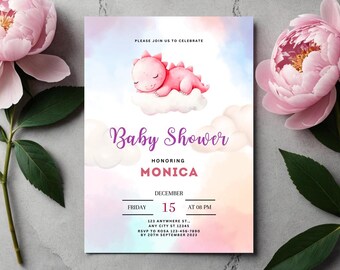 Sjabloon roze babyshower babyshower dino meisje | Aquarel dinosaurusuitnodiging voor babymeisje | Bewerkbaar canvasontwerp | Digitale download