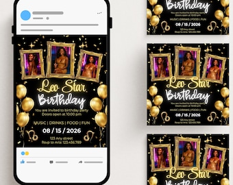 Leo Szn-verjaardagsflyer, aanpasbare feestuitnodiging, bewerkbare Leo-vieringssjabloon, digitaal verjaardagsontwerp, Instagram-verjaardagsfeestje Canva
