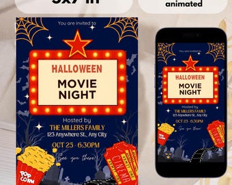 Pode incluir: Um design de convite para uma Noite de Cinema de Halloween, com um letreiro em estilo marquise com o texto "HALLOWEEN MOVIE NIGHT". O convite tem 12,7 x 17,8 cm e inclui detalhes do evento, pipocas e bilhetes de cinema.