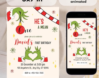 May include: A festive invitation for David's first birthday, featuring a Grinch-themed design. The invitation is 5x7 inches and includes the text "He's a Mean One" and event details. A digital version is also displayed on a smartphone.