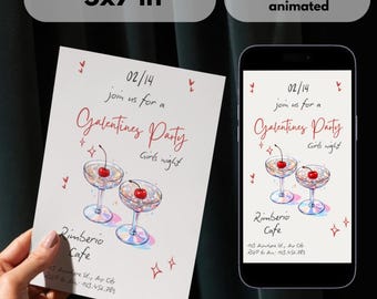 Galentines-uitnodiging Girls Night | Bewerkbare Canva Galentine-uitnodiging | Geanimeerde en afdrukbare martiniparty-evite