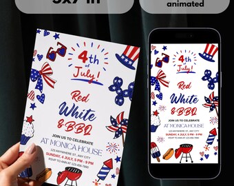 Sjabloon BBQ-uitnodiging voor 4 juli | Patriottische barbecue in de achtertuin | Rood, wit en blauw