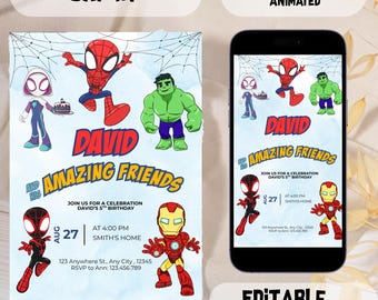 Invitación de cumpleaños de Spidey y sus increíbles amigos / Invitación electrónica para fiesta de superhéroes / Plantilla digital animada imprimible de Spidey Etiquetas de agradecimiento gratuitas