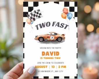 Two Fast Birthday Invitation Template | Race Car Party Printable | Retro Car 2nd Birthday Invite for Boys | Editable Canva Template