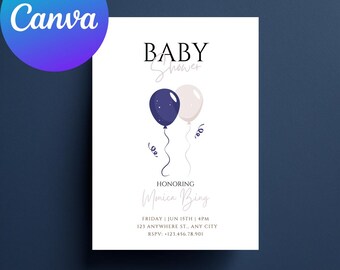 Minimalist Baby Shower Invitation Template With Two Ballons. Easy Editable Canva Template for Modern Celebrations. Easy For Customization