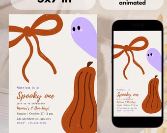 Spooky One-verjaardagsuitnodiging met pompoen en spook | Eerste boe-geroepdag Halloween-avond | Sjabloon schattig canvas kinderfeestje herfst
