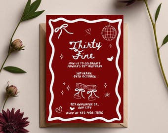 Thirty Fine 35th Birthday Invitation Template – Burgundy & White | Aged to Perfection | Editable 5x7 Canva Invite | Thirty Five Birthday