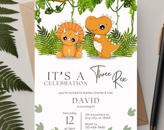 Verjaardagsuitnodiging Three Rex | Bewerkbare canvassjabloon dinosaurus | 3e verjaardagsuitnodiging | Leuk dino-feestje | Digitaal Jurassic Park-thema