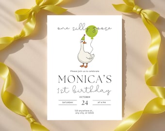 Eerste verjaardagsuitnodiging van One Silly Goose | Schattig gansthema | Een geluksvogeltje | Gansjesfeestje | Gans 1e verjaardag | Gansuitnodiging