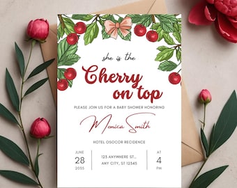 Cherry on Top Baby Shower Invitation | Girl Baby Shower Evite with Cherries & Pink Bow | Editable Template | Baby Shower Invite