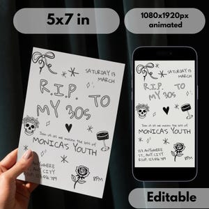 Puede incluir: Una tarjeta de invitación en blanco y negro, de 12,7 x 17,8 cm, con el texto "R.I.P. TO MY 30s" y "MONICA'S YOUTH". La tarjeta incluye ilustraciones de una calavera, un corazón y una rosa. La fecha es el sábado 13 de marzo.