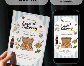 Sjabloon uitnodiging speciale bezorging pizza babyshower | Slice Slice baby coed-uitnodiging | Geanimeerde en afdrukbare canva Evite