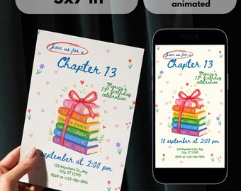 Uitnodiging voor een verjaardagsfeest van hoofdstuk 13 | Uitnodiging voor een tienerverjaardagsfeestje voor boekenliefhebbers | Geanimeerde en printbare Canva-sjabloon