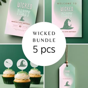 Könnte beinhalten: Ein Set aus fünf bedruckbaren Partydekorationen mit einem Hexenhut- und Sternen-Motiv. Das Set beinhaltet ein Willkommens-Schild, ein Dankeschön-Etikett, eine Geburtstagseinladung und zwei Cupcake-Topper. Die Farben sind grün, rosa und weiß.