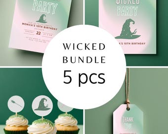May include: A set of five printable party decorations with a witch hat and stars theme. The set includes a welcome sign, a thank you tag, a birthday invitation, and two cupcake toppers. The colors are green, pink, and white.