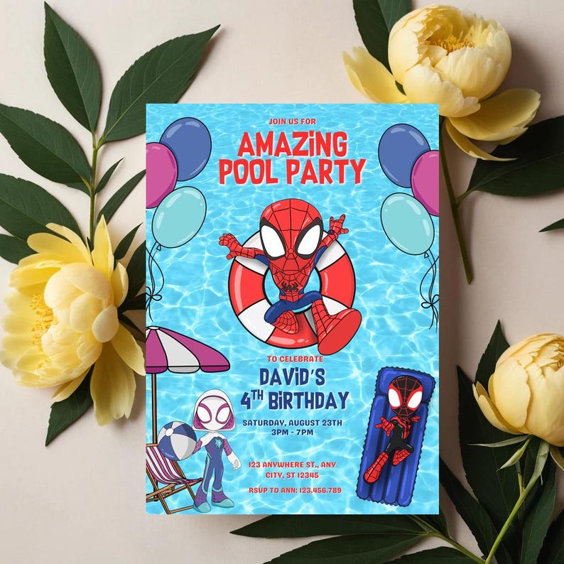 Printable spiderman birthday invite for boys or girls, ideal for backyard summer party.