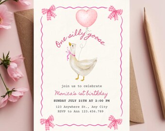 One Silly Goose Birthday Invitation for Girl’s 1st Birthday | Pink Balloon Theme | One Lucky Duck | Little Duck Party | Editable Template