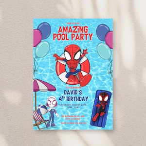 Spiderman birthday invitation with superhero and summer pool party design, perfect for kids.