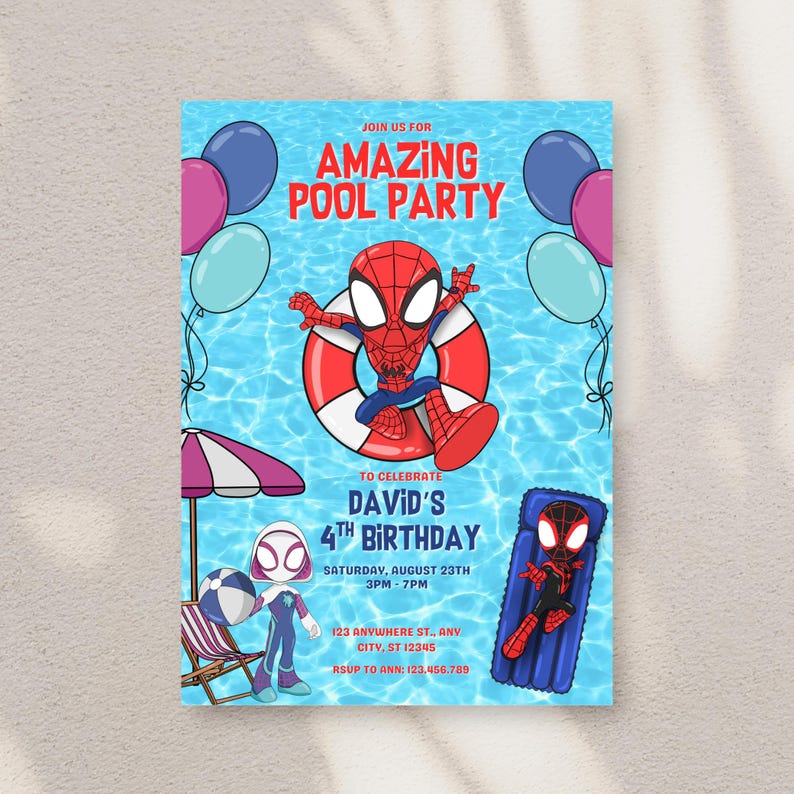 Spiderman birthday invitation with superhero and summer pool party design, perfect for kids.