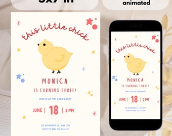 This Chick Is Three Birthday Invitation | Chicken Farm Party Invite | Barnyard 3rd | Animated & Printable