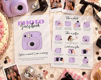 Instax Mini 12 instructies & fotogastenboekbordje, Polaroid-bordje, bewerkbare Canva-sjabloon