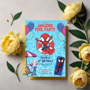 Animated vertical invitation template (1080x1920px) with pool party and cartoon superhero art.