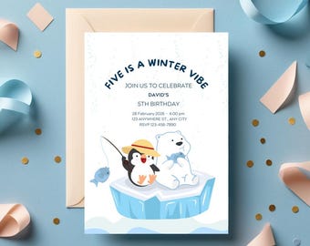 Five is a vibe invitation template for boy | Birthday Party Invitation Template | Editable Birthday Invitation | Winter Theme Penguin
