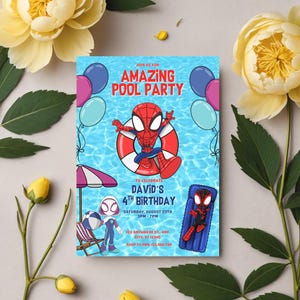 Spidey invite for birthday party with water and superhero elements, editable without Canva Pro.