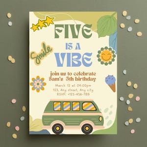Boy 5Th Birthday | Five Is A Vibe Digital Invitation Template | Fifth Birthday Invitation | Editable Canva Template | Retro Invitation