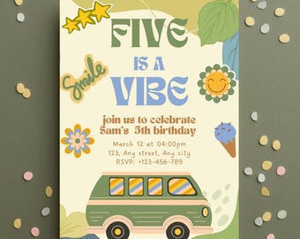 Boy 5Th Birthday | Five Is A Vibe Digital Invitation Template | Fifth Birthday Invitation | Editable Canva Template | Retro Invitation