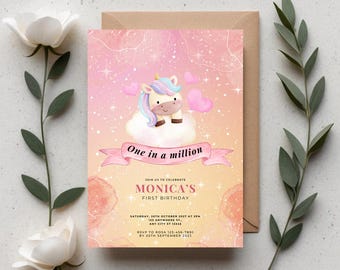 Editable One in a Million Birthday Invitation | Unicorn Birthday Invitation | Girls First Birthday Invite | Magical Rainbow Pink Gold