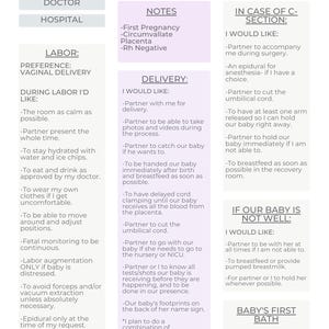 Puede incluir: Una lista de verificación de plan de parto imprimible con secciones para el médico, el hospital, las preferencias de trabajo de parto, las preferencias de parto, notas, en caso de cesárea y el primer baño del bebé. La lista de verificación incluye una variedad de opciones para que la madre elija, como la epidural o el parto natural, el pinzamiento tardío del cordón y la lactancia materna.