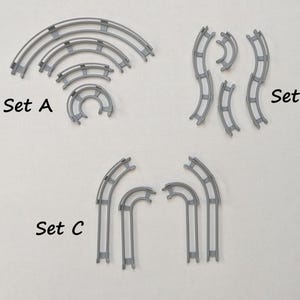Può includere: Tre set di binari di trenini giocattolo in plastica grigia, etichettati Set A, Set B e Set C. Il Set A include pezzi di binario curvi di vari raggi. Il Set B presenta segmenti di binario curvi e ondulati. Il Set C ha pezzi di binario curvi e diritti.