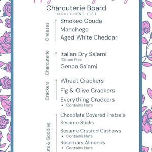 Menu imprimable de planche de charcuterie pour l'anniversaire de dames - téléchargement immédiat et modifiable