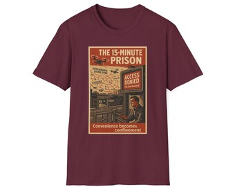May include: A maroon short-sleeve t-shirt featuring a graphic print with the text THE 15-MINUTE PRISON, ACCESS DENIED, CO2 Limit Reached, and Convenience becomes confinement. The illustration depicts a person at a gate with drones overhead.