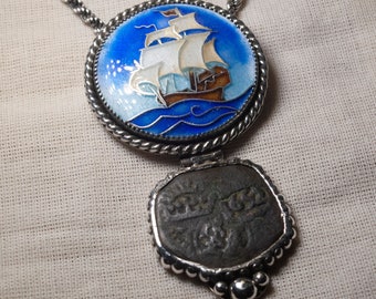 Spanish Galleon Pendant Pirate Era 1652, Cloisonné Enamel Pendant, Sterling & Fine Silver