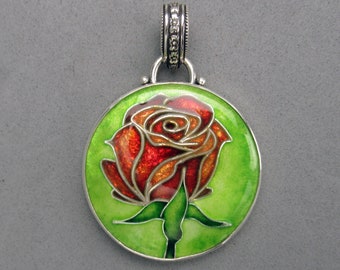 Red Rose Cloisonné Enamel Pendant, Gold, Sterling & Fine Silver