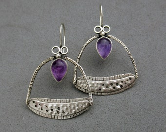 Amethyst Earrings, Hammered Sterling Silver