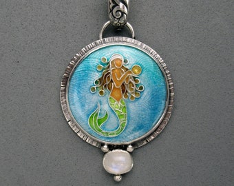 Cloisonné Enamel Pendant, Mermaid, Rainbow Moonstone, Sterling & Fine Silver