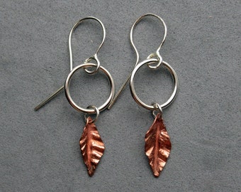 Little Copper Leaf Earrings with Sterling Silver