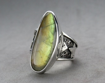 Size 9 Gold Labradorite Celestial Sterling Silver Ring