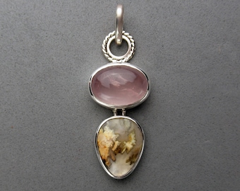 Rose Quartz & Plume Agate Sterling Silver Pendant