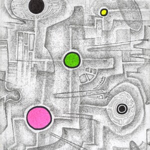 Op de afbeelding: Abstracte kunsttekening met geometrische vormen en zwarte, witte, groene, gele en roze cirkels.