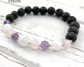 Handmade Pisces Zodiac Bracelet | Amethyst, Rose Quartz, Moonstone Beads