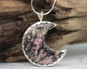 Rhodonite Crescent Moon Necklace, Silver Half Moon Necklace, Astronomy Jewelry, Moon Phase Necklace, Crystal Moon Necklace,