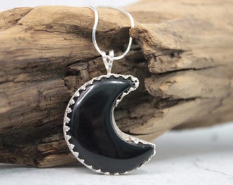 Black Obsidian Crescent Moon Pendant, Sterling Silver Gemstone Necklace