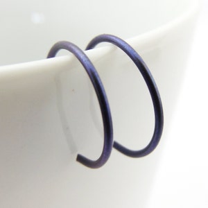 May include: A pair of small, hoop earrings made of metal with a dark blue iridescent finish.
